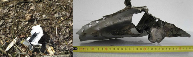 [23] (above left) A piece of debris characteristic of explosion: Source: Analytical Services Pty Ltd; [24] (above right) A piece of debris showing signs of explosion; Source: Prof. J Obrębski.