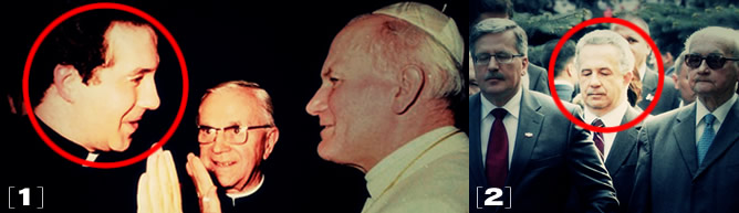 [1]: Communist spy Tomasz Turowski undercover as "Jesuit" (left), in Vatican with Pope John II (right). [2] Turowski the "Diplomat" (center) with Poland's current president Bronislaw Komorowski (left), and Communist junta leader General Wojciech Jaruzelski (right).