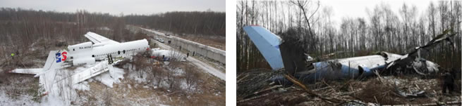 Above (Left) Fig. 5. The catastrophe of the Tu-154M airplane in Moscow on December 4, 2010. The catastrophe is of the 1A type -- the airplane hit the ground, no explosion. Above (Right) Fig. 6. The catastrophe of the Tu-204 airplane in Moscow on March 22, 2010. The catastrophe is of the 1A type -- the airplane hit the ground, no explosion.