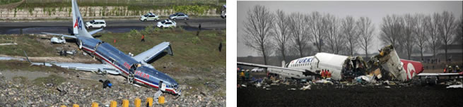 Above (Left) Fig. 7. The catastrophe of the Boeing 737-800 airplane in Kingston, Jamaica on Dec. 22, 2009. The catastrophe is of the 1A type -- the airplane hit the ground, no explosion. Above (Right) Fig. 8. The catastrophe of the Boeing 737-800 airplane in Amsterdam, The Netherlands on Feb. 25, 2009. The catastrophe is of the 1A type -- the airplane hit the ground, no explosion.
