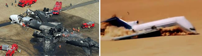 Above (Left) Fig. 9. The catastrophe of the MD-11 airplane in Tokyo, Japan on March 23, 2009. The airplane hit the ground, divided (perpendicularly to the airplane axis) into several segments. Then the plane exploded, the explosion occurred in the rear part, this part has been torn and opened longitudinally. Above (Right) Fig. 10. The crash test with the Boeing 727-200 in desert (Mexico) on April 27, 2012. The movie shows the way the construction is crashed after hitting the ground [7].