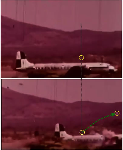 Figure 13. The same frames as shown by Czachor properly aligned by the background profile of the mountain. Now the forward movement of the circled debris is obvious, and the illusion of the part exhibiting an only upwards movement disappears. Note how the debris keeps the forward speed and its distance to the tail as reference point.