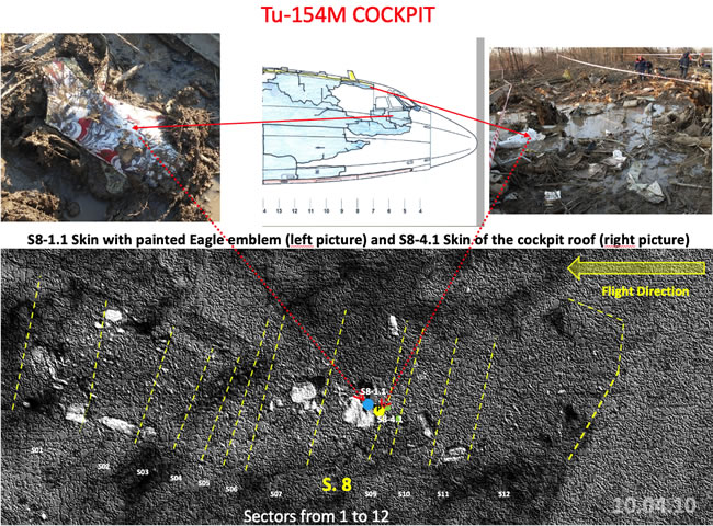 Location of 2 pieces of Tu-154M cockpit debris in relation to the cockpit and the crash site