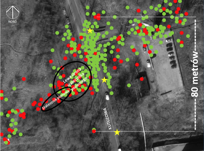 Placing the left side of the horizontal stabilizer and the vertical stabilizer behind the Kutuzov highway. Flight direction is from right to left. Red dots show debris from the Tu-154M and green dots show debris from the associated tree damage.