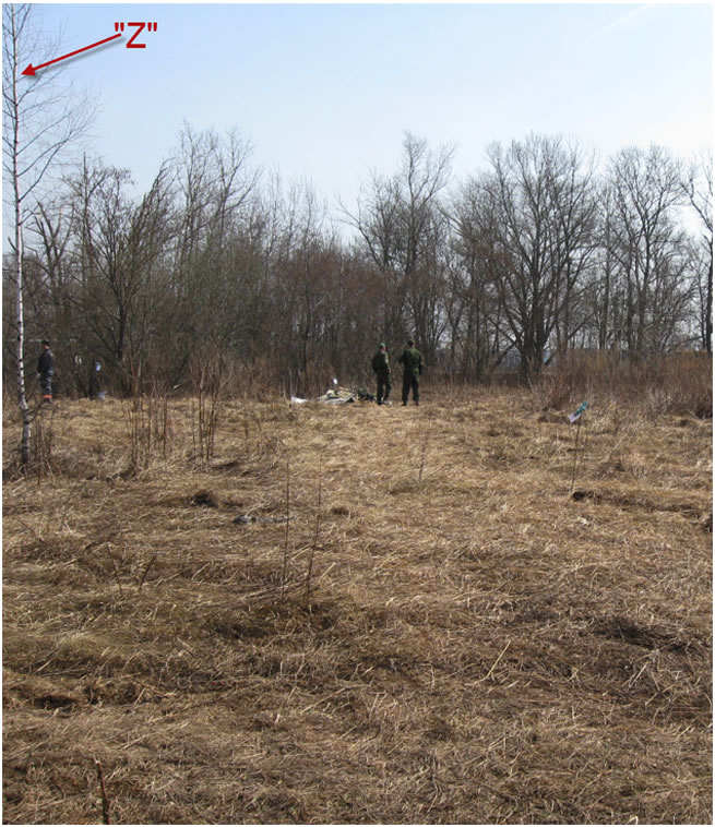 The tree marked "Z" growing in the direct vicinity of the flight path, when the plane is flying from the Kutuzov Street (in the background) to the place of crash. On the right side starting at the blue marker on a stick there is a visible ground trace when hitting the ground with the left stabilizer.