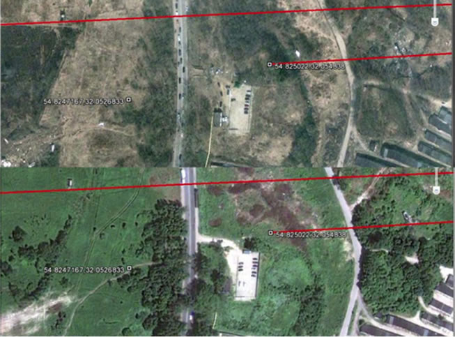 AWS #38 area: satellite photo from April 12, 2010 (top) and June 24, 2010 (bottom); the lack of normal growth can be observed on the June photo in the area of TAWS # 38. Source: K. Nowaczyk.