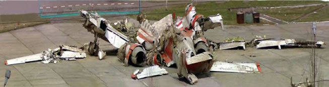 Wreckage of the Polish Air Force One on the pavement of Severny Airport