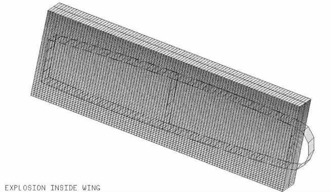 Explosion inside aircraft wing: The outline of the wing slice embedded in a dense mesh of air cells.