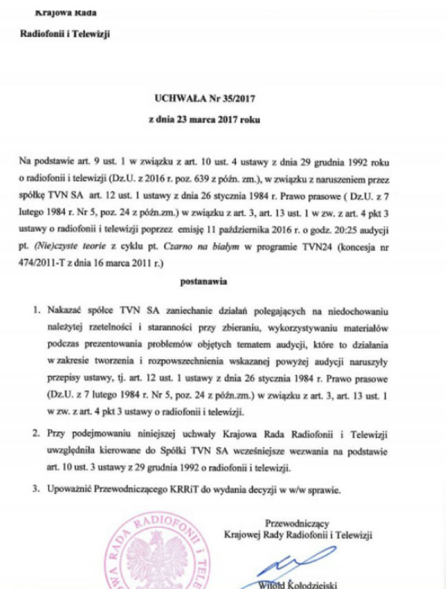 The Polish National Broadcasting Council (KRRiT), after careful analysis of the documentation provided, issued a cease-and-desist order against TVN SA for its practices, which consisted of failure to adhere to the due diligence and reasonable care standards in the collection and usage of the material presented in the program titled "(Im)pure theories" broadcast by TVN24 in "Black on White" series.